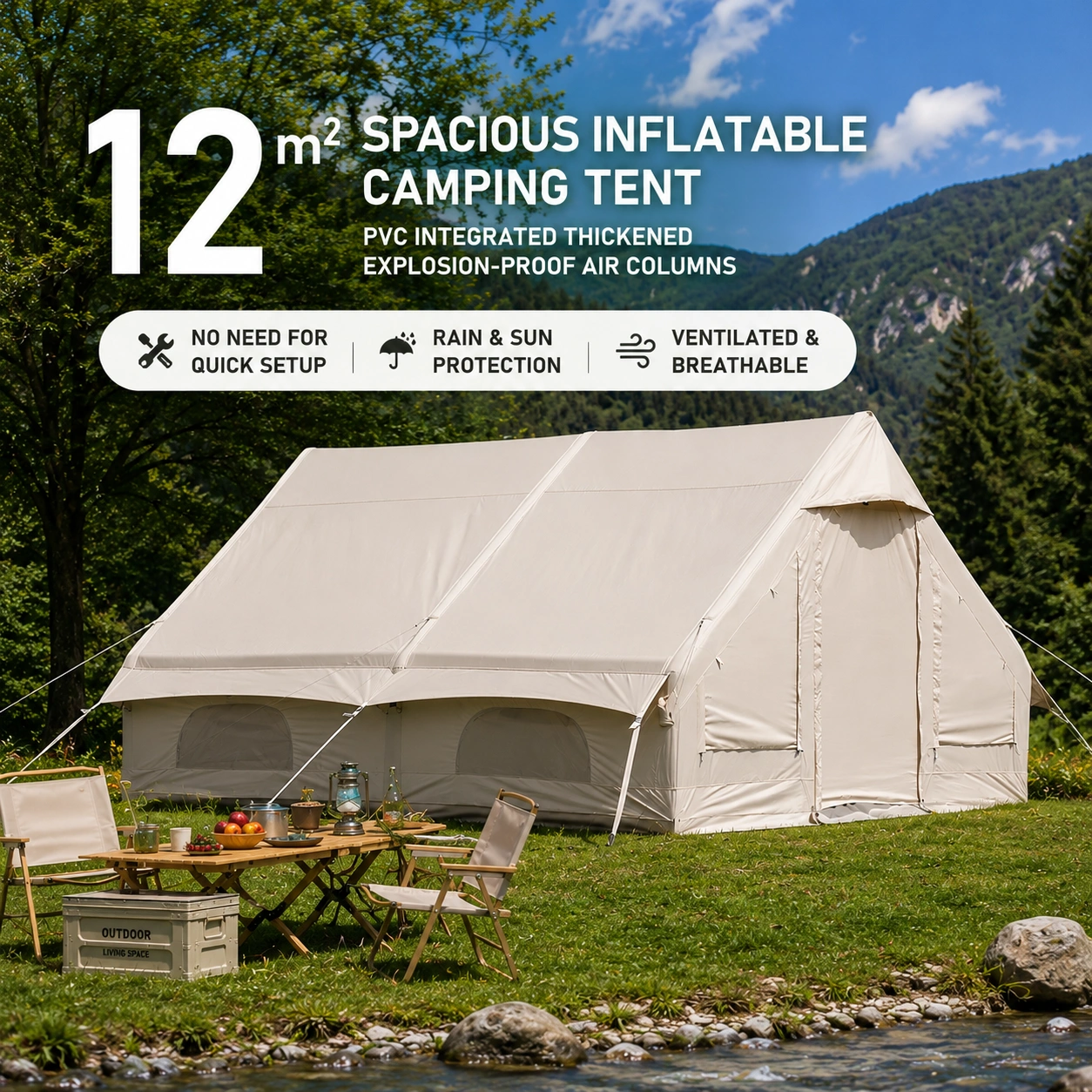 12㎡ Oxford Fabric Inflatable Camping Tent 600D Double Door Glamping Air Tent image 4