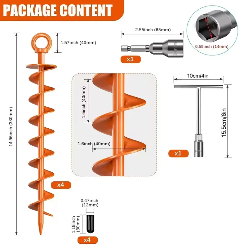 4PCS Ground Anchor Screw Stakes Heavy Duty Tent Gazebo Trampoline Auger Kit image 4
