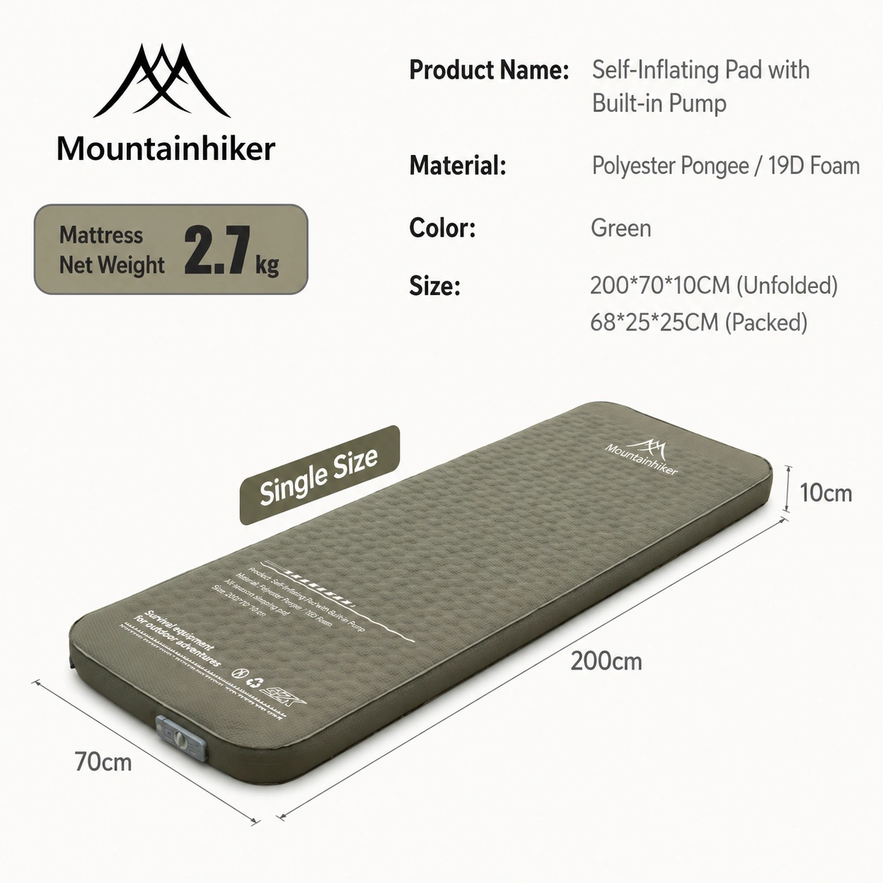 Mountainhiker Self Inflating Camping Mattress 10cm Thick Built-in Pump Single image 1