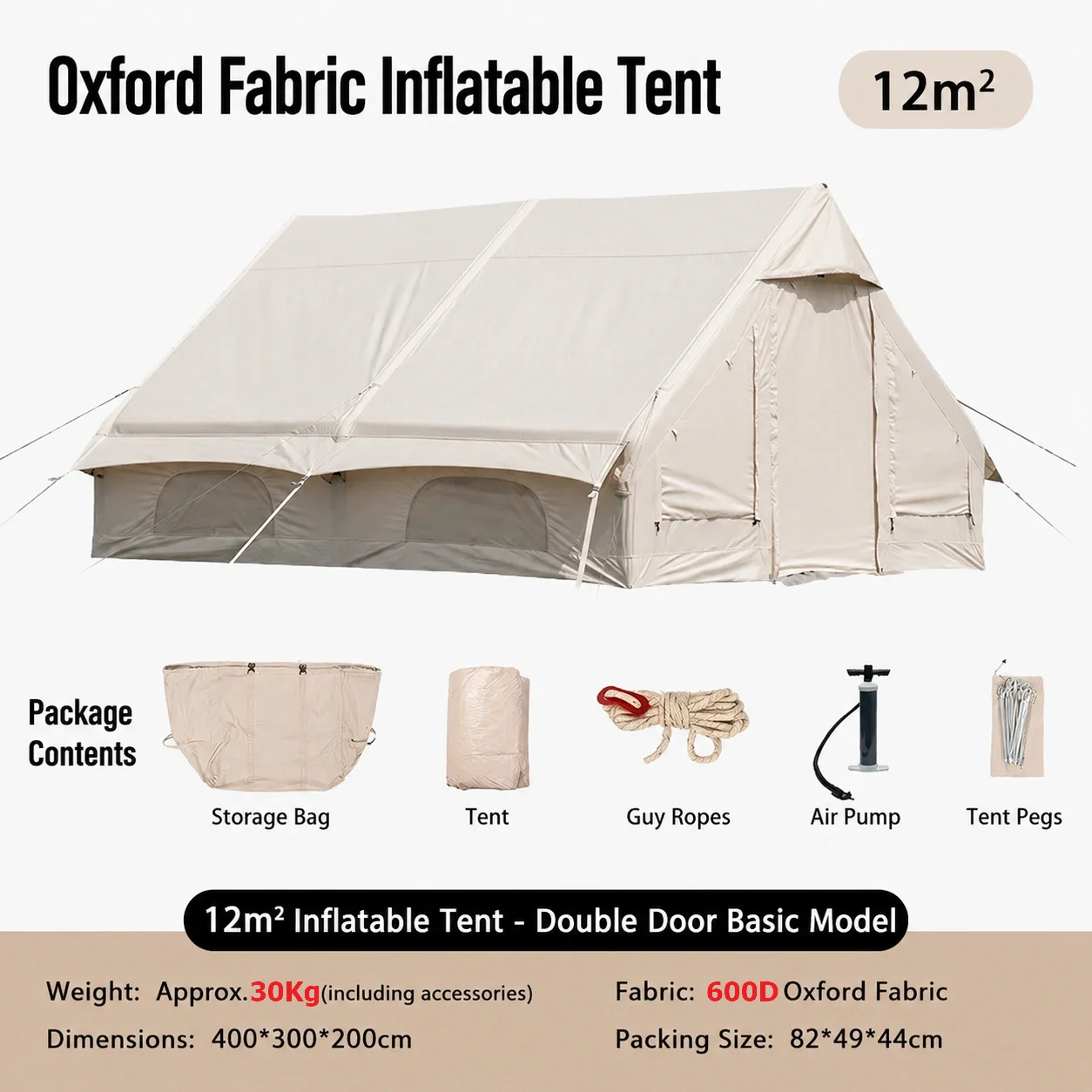 12㎡ Oxford Fabric Inflatable Camping Tent 600D Double Door Glamping Air Tent image 5